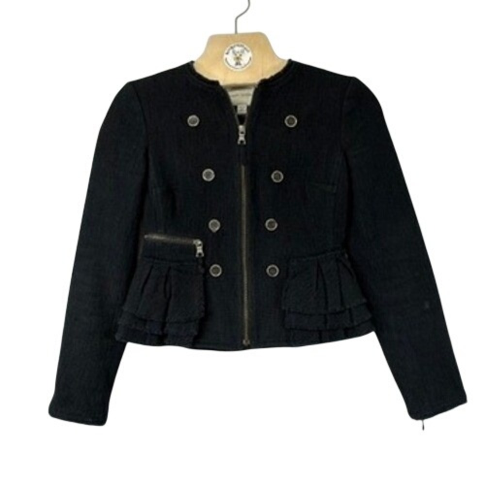 Banana Republic‎ Black Tweed Military Peplum Jacket Size 2 Fringe Trim Zip